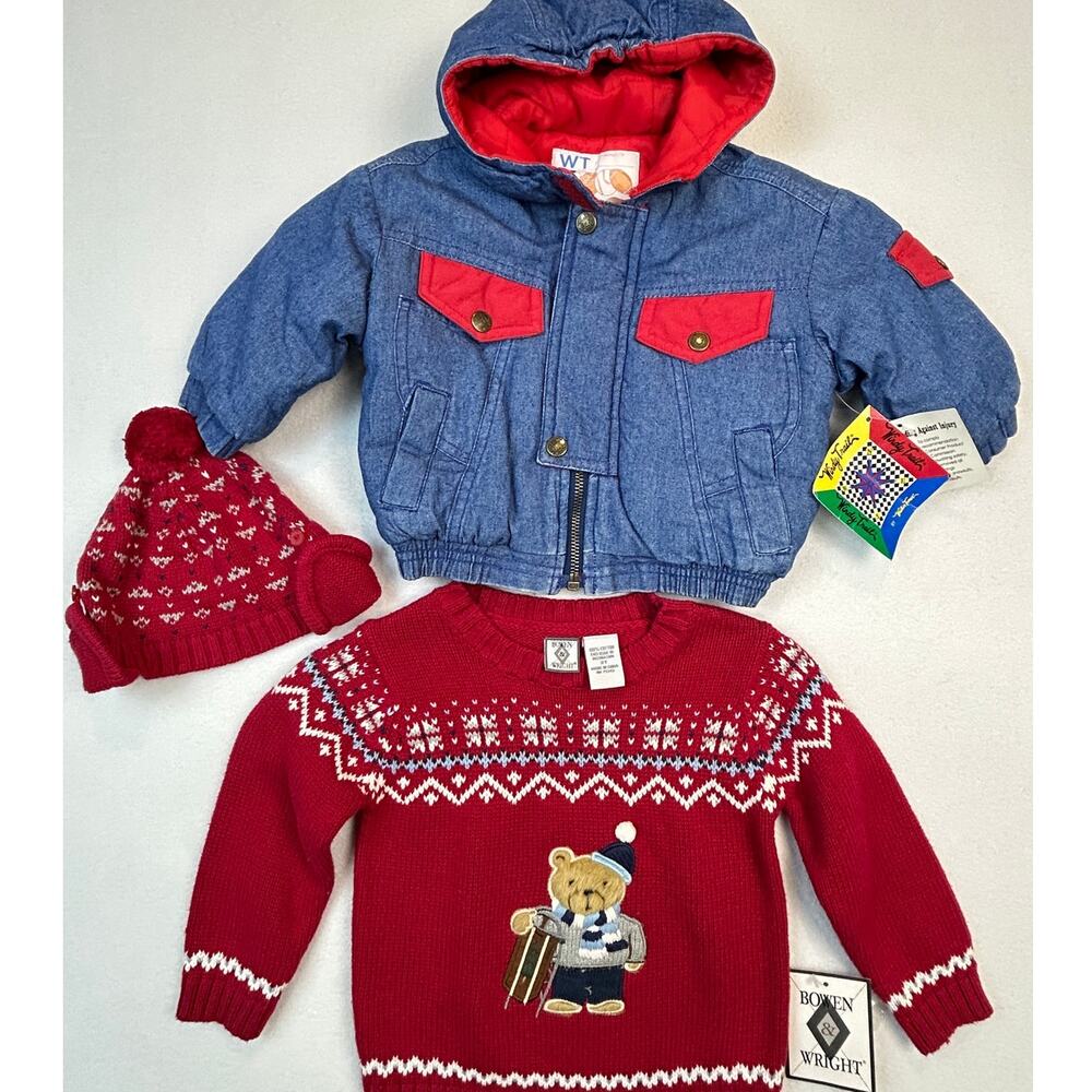 3pc Vtg Toddler Lot NWT 18mth Jacket Denim 2T Sweater Fair Isle Teddy Bear Baby